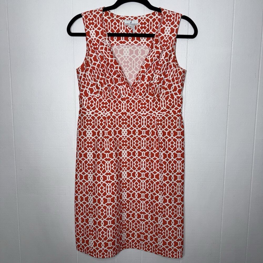 Jude Connally Women’s Ellie Shift Dress Stretch Sleeveless Orange White Geo S